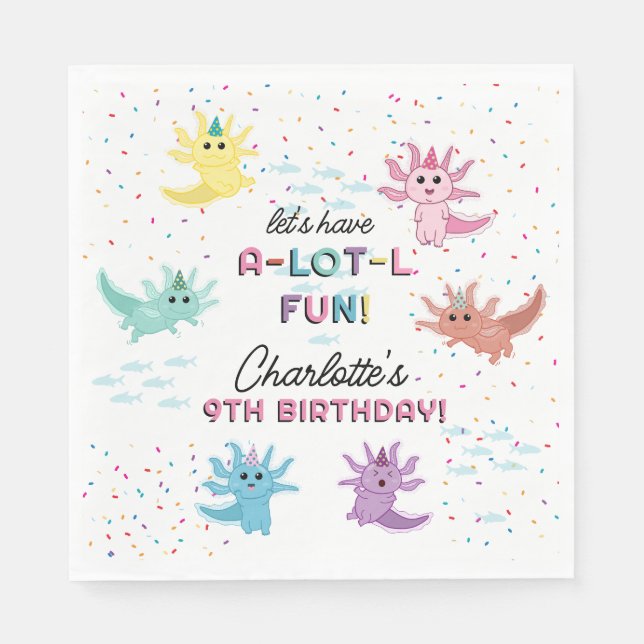 Axolotl Kids Cute Salamander Birthday Party Napkin (Front)
