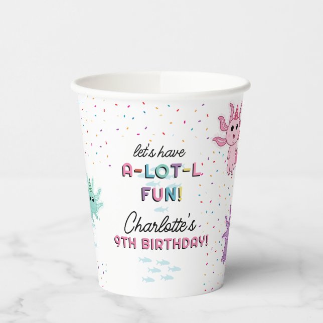Axolotl Kids Cute Salamander Birthday Party Paper Cups (Left)