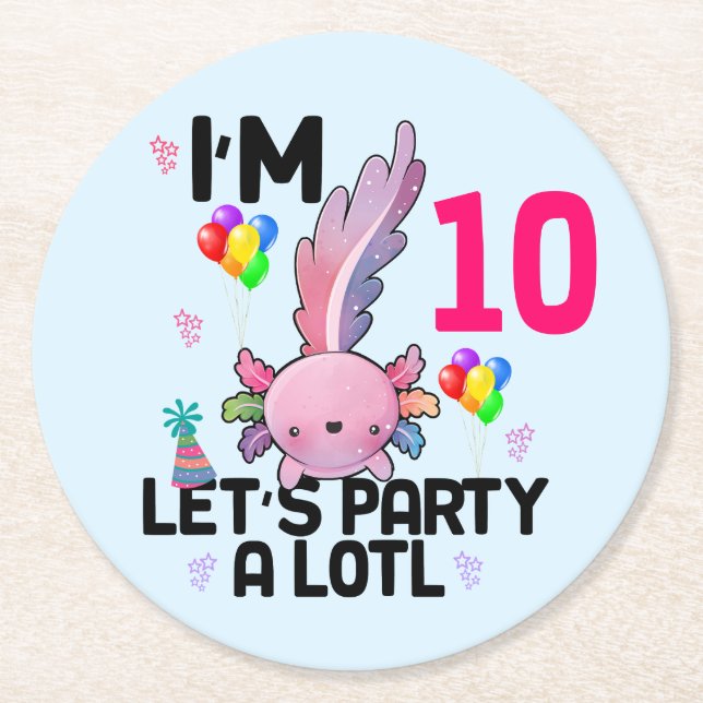 Axolotl Let's Party Alot Amphibious Salamander  Round Paper Coaster (Front)