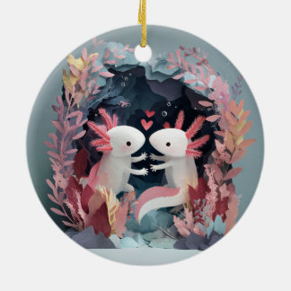 Axolotl love paper cut shadowbox diorama ceramic ornament