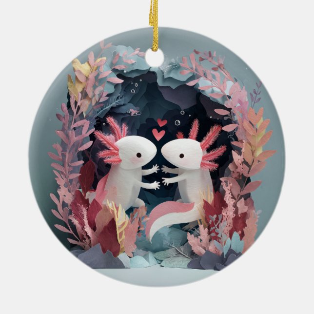 Axolotl love paper cut shadowbox diorama ceramic ornament (Back)