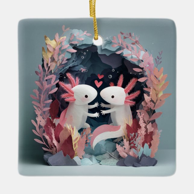 Axolotl love paper cut shadowbox diorama ceramic ornament (Front)