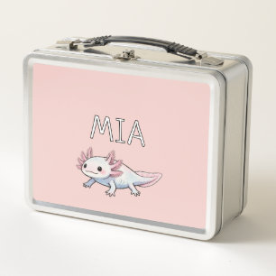 Axolotl Pink Teal Personalised Kid Cute Salamander Metal Lunch Box