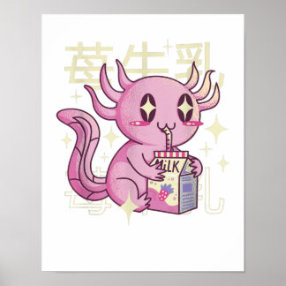 Axolotl Strawberry Milk Japan Style Japanese Kawai Poster
