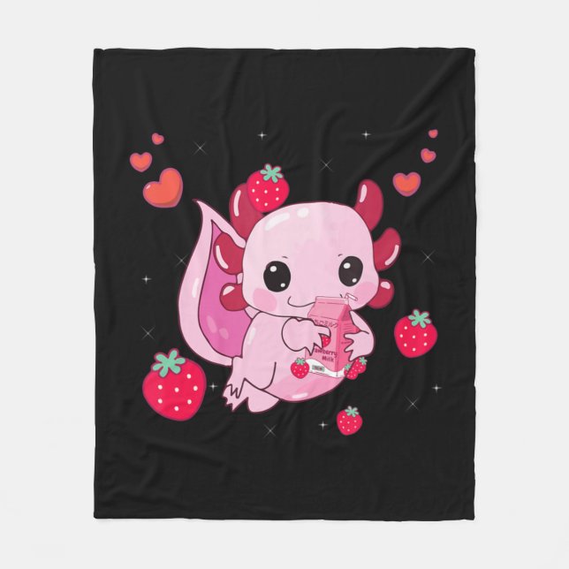 Axolotl Strawberry Milk Shake Kawaii Japanese Anim Fleece Blanket (Front)