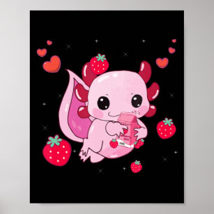 Axolotl Strawberry Milk Shake Kawaii Japanese Anim Poster