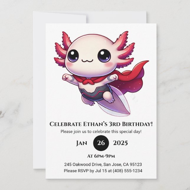 Axolotl Superhero in Armour Birthday Invitation (Front)