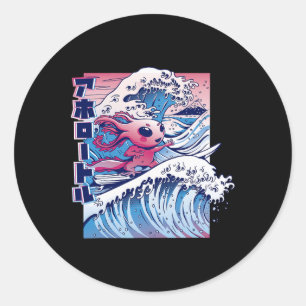 Axolotl Surfing Great Wave Japanese Art Mashup Gra Classic Round Sticker