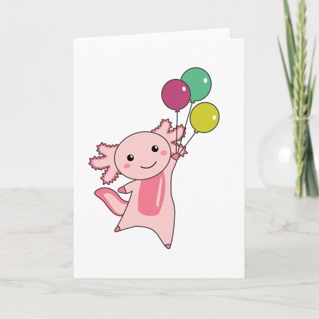 Axolotl Sweet Animal Flies With Balloons Up Card (Front)