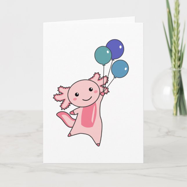 Axolotl Sweet Animal Flies With Balloons Up Card (Front)
