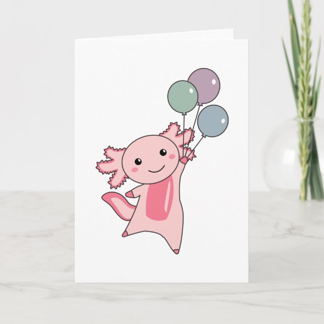 Axolotl Sweet Animal Flies With Balloons Up Card (Front)