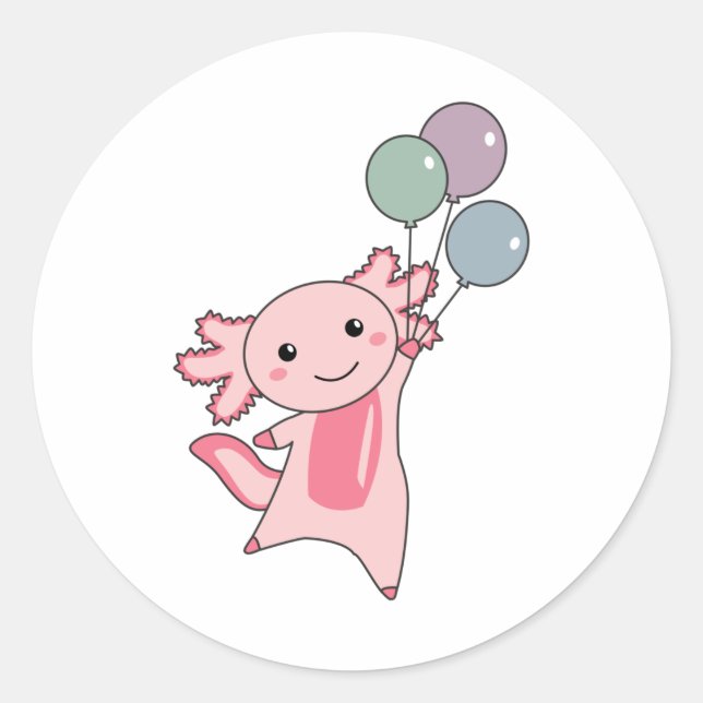 Axolotl Sweet Animal Flies With Balloons Up Classic Round Sticker (Front)