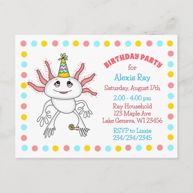 Axolotl Themed Birthday Party Invitations (Front)