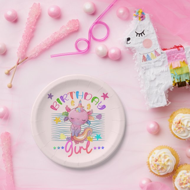 Axolotl Unicorn Birthday Girl Party Theme Colourfu Paper Plate (Party)