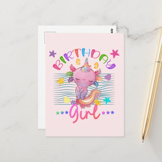 Axolotl Unicorn Birthday Girl Party Theme Colourfu Postcard (Front/Back In Situ)