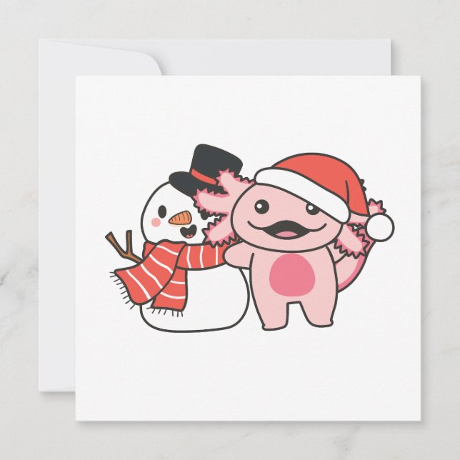Axolotl With Snowman In Winter At Christmas Holiday Card (Front)