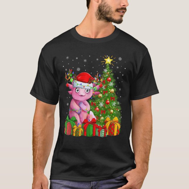 Axolotl Xmas Tree Lighting Santa Hat Axolotl Chris T-Shirt (Front)