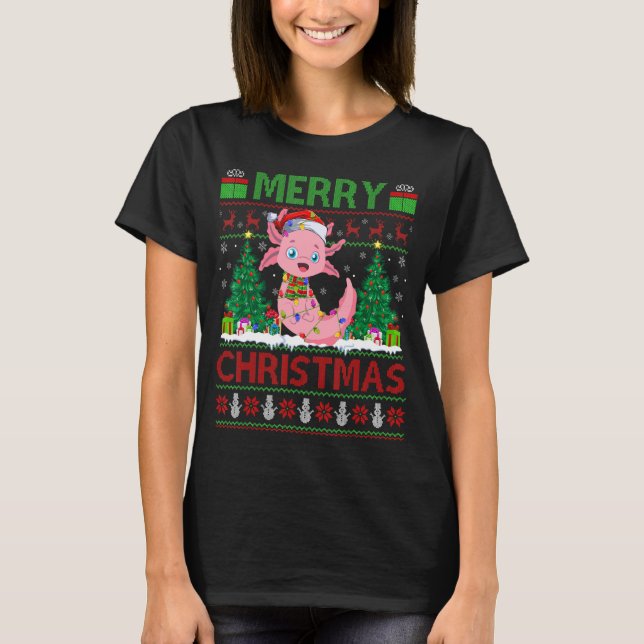 Axolotl  Xmas Tree Lights Ugly Santa Axolotl Chris T-Shirt (Front)