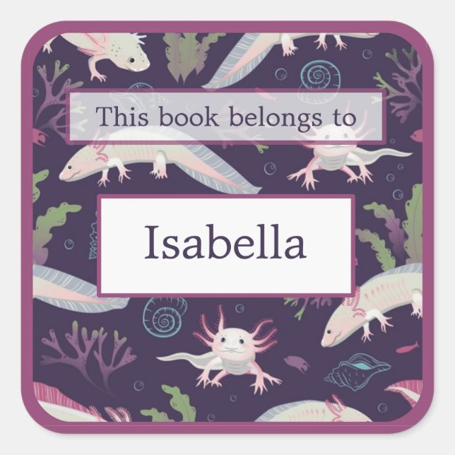 Axolotls Underwater Purple Bookplate Square Sticker (Front)