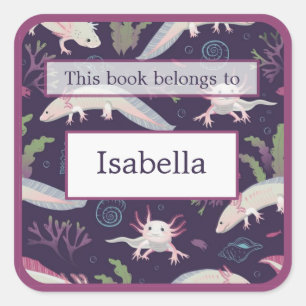 Axolotls Underwater Purple Bookplate Square Sticker