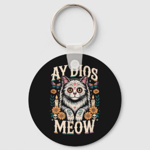 Ay Dios Meow Funny Sugar Skull Cat Dia De Los Key Ring