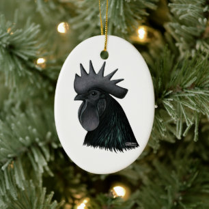 Ayam Cemani Rooster Head Ceramic Ornament