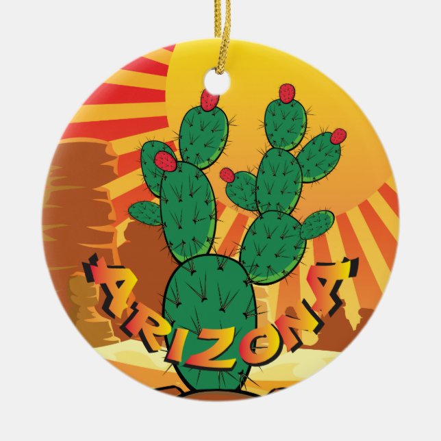 AZ  Arizona Christmas Prickly Pear cactus Ceramic Tree Decoration (Front)