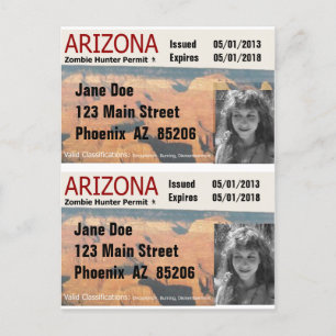 AZ Zombie Hunter Permits - Add Photo & Personalise Postcard