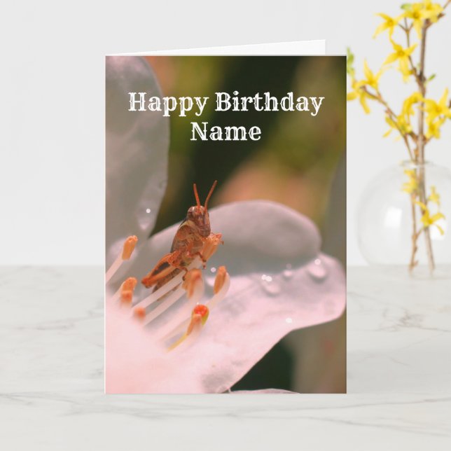 Azalea And Grasshopper Personalised Birthday Card (Yellow Flower)