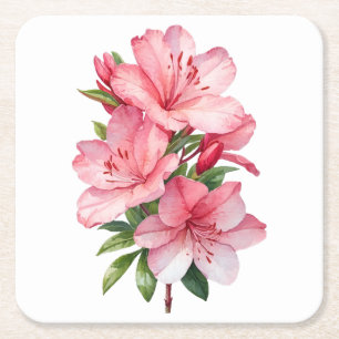 Azalea flower watercolor painting square paper coaster