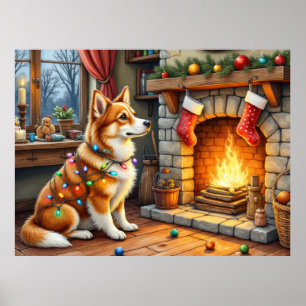 Azawakh Sitting by Fireplace with Christmas Lights Poster