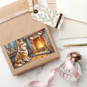 Azawakh Sitting by Fireplace with Christmas Lights Rectangular Sticker