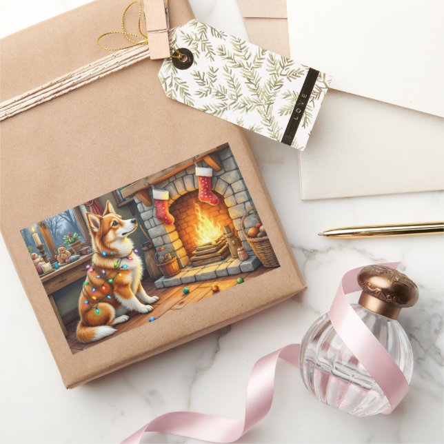 Azawakh Sitting by Fireplace with Christmas Lights Rectangular Sticker (Gifting)