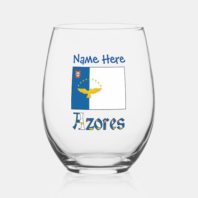 Azores Azorean Flag Blue Personalised Name Stemless Wine Glass (Front)