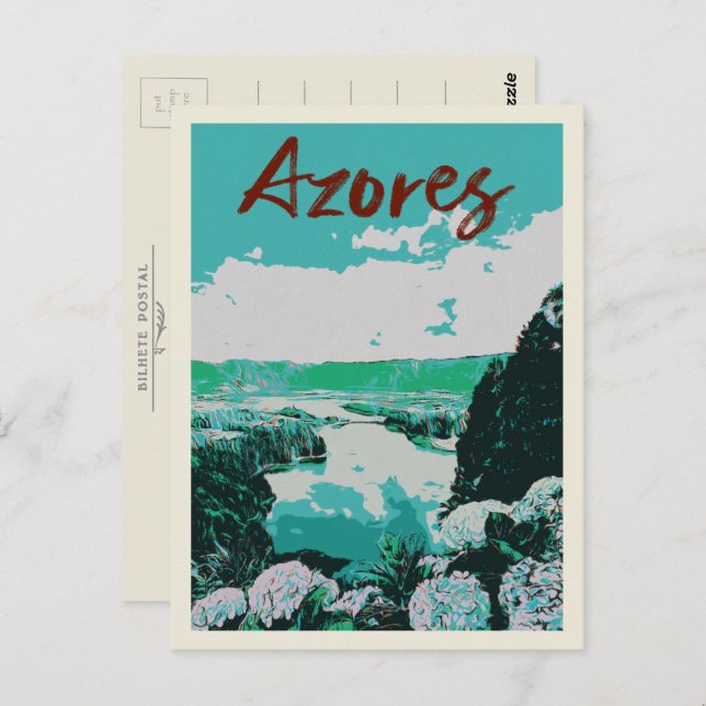 Azores islands Volcanic Lakes Illustration Postcard (Front/Back)
