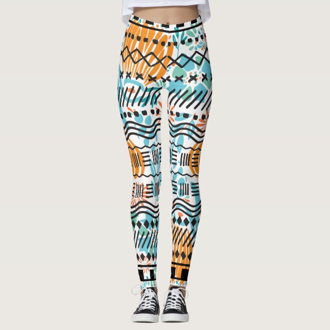 Aztec Abstract Floral CORAL MINT Black Pattern Leggings (Front)