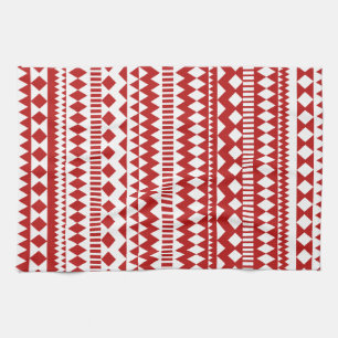 Aztec Andes Red White Tribal Geometric Pattern Tea Towel