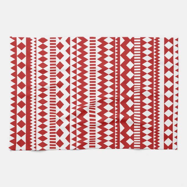 Aztec Andes Red White Tribal Geometric Pattern Tea Towel (Horizontal)