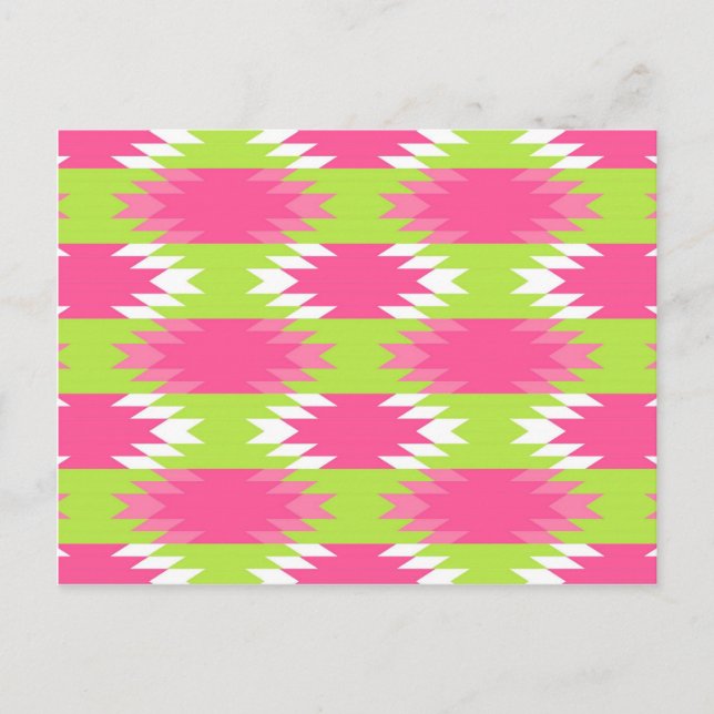 Aztec Andes Tribal Hot Pink Lime Green Pattern Postcard (Front)