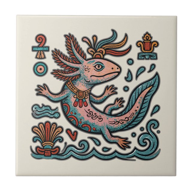 Aztec Axolotl Xolotl eroded stone tribal boho art Ceramic Tile (Front)