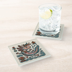 Aztec Axolotl Xolotl eroded stone tribal boho art Glass Coaster