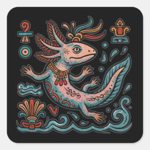 Aztec Axolotl Xolotl eroded stone tribal boho art Square Sticker