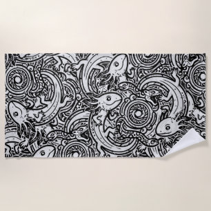 Aztec Axolotl Xolotl Tribal Pattern Black & White Beach Towel