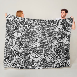 Aztec Axolotl Xolotl Tribal Pattern Black & White Fleece Blanket