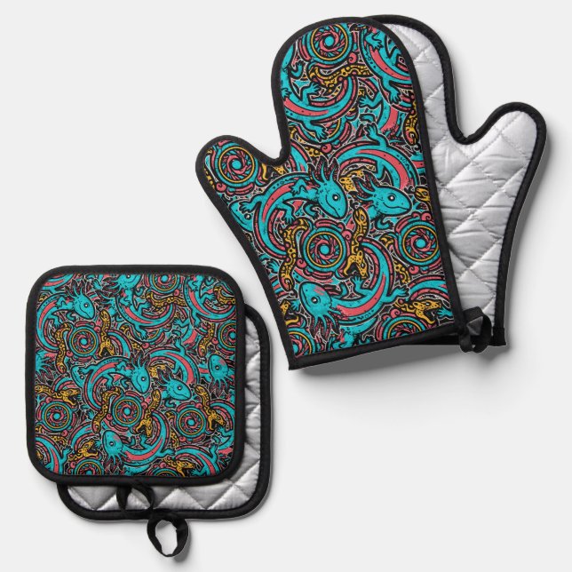 Aztec Axolotl Xolotl Tribal Pattern mythology boho Oven Mitt & Pot Holder Set (Front/Back)