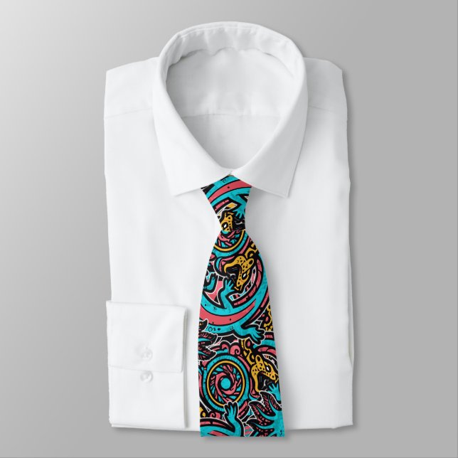 Aztec Axolotl Xolotl Tribal Pattern mythology boho Tie (Tied)