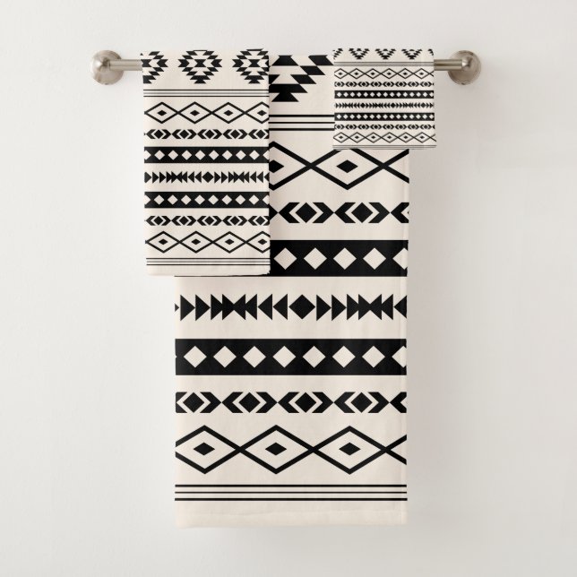 Aztec Black on Cream Mixed Motifs Pattern Bath Towel Set (Insitu)