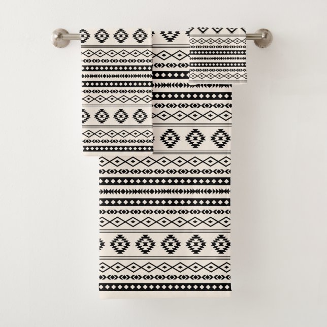 Aztec Black on Cream Mixed Motifs Repeat Pattern Bath Towel Set (Insitu)