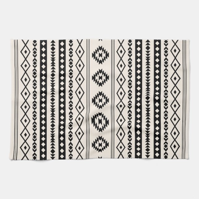 Aztec Black on Cream Mixed Motifs (V) Pattern Tea Towel (Horizontal)