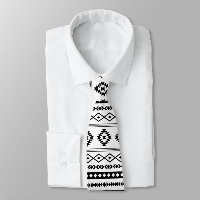 Aztec Black on White Mixed Motifs Repeat Pattern Tie (Tied)